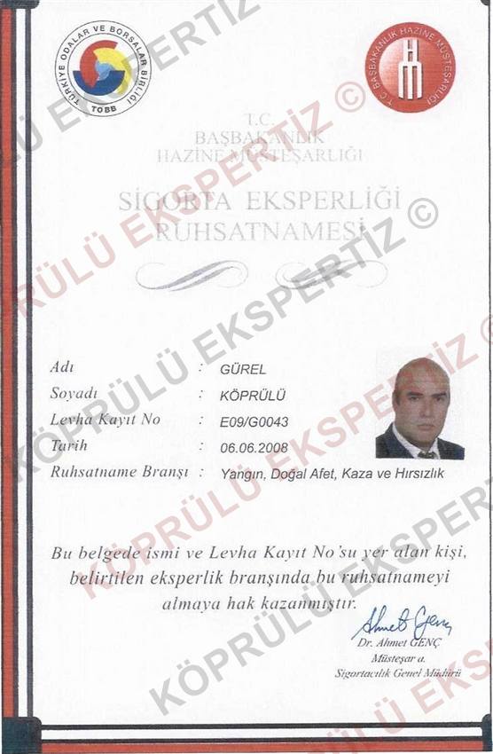 Yangın, doğal afetler ve hırsızlık branşı eksperlik ruhsatnamesi